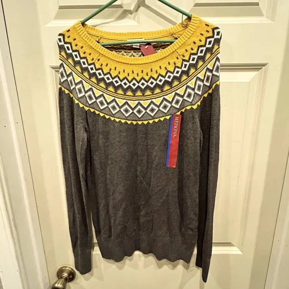Merona Womens NWT Gray Yellow Fair Isle Scoop Neck Pullover Sweater Large‎ L